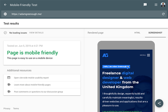 A screenshot of Google Mobile Friendly test showing that adamgreenough.me website is mobile friendly