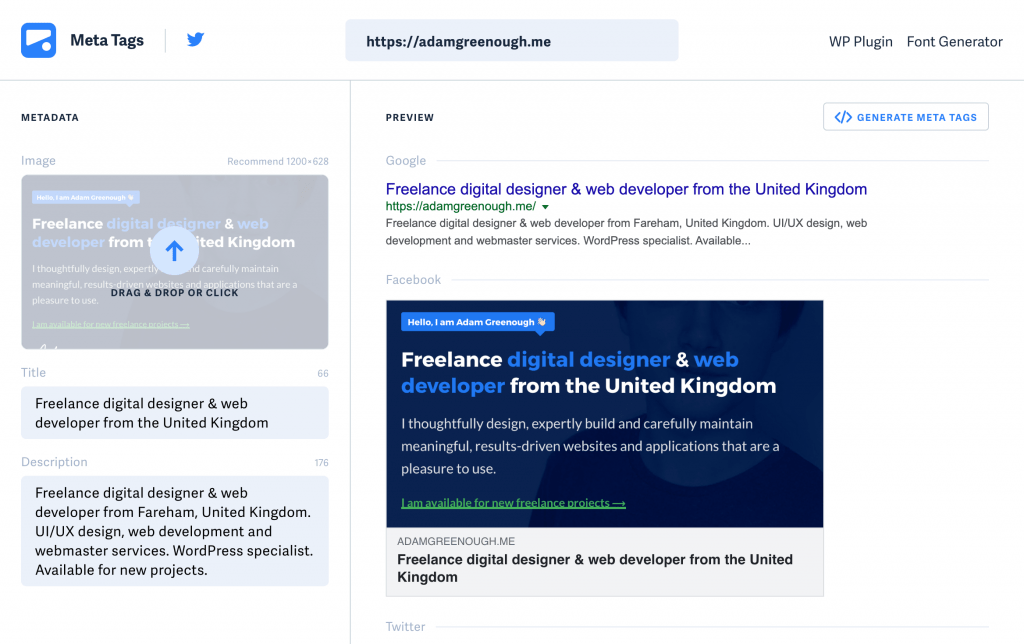 A screenshot of the metatags.io website testing tool.